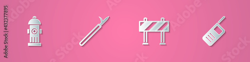 Set paper cut Fire hydrant, Metal pike pole, Road barrier and Walkie talkie icon. Paper art style. Vector