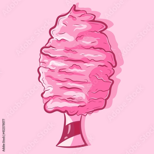 Illustration of a cotton candy for kids. Isolated object on a pink background. Sweet summer treat. Vector drawing of a kawaii and tasty junk food. 