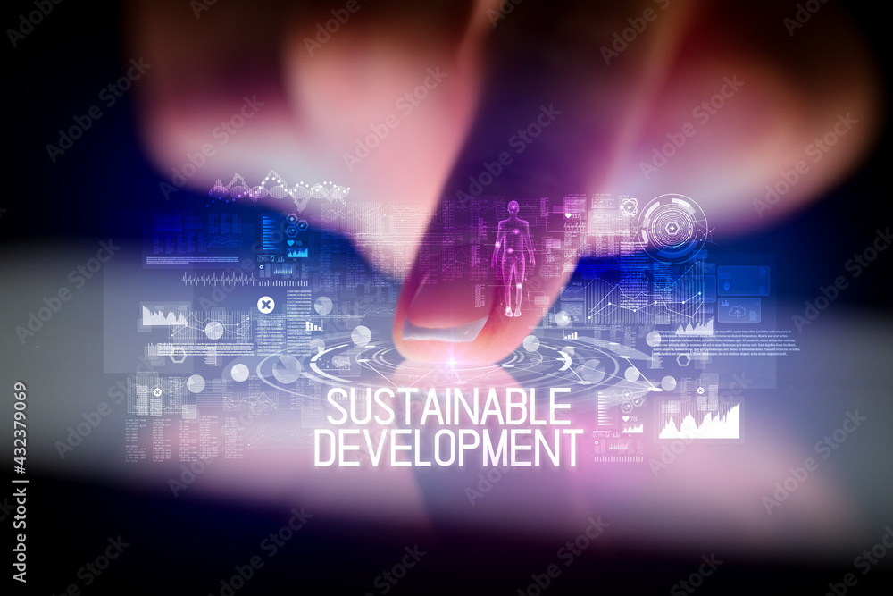 Finger touching tablet with web technology icons concept Finger touching tablet with web technology icons concept