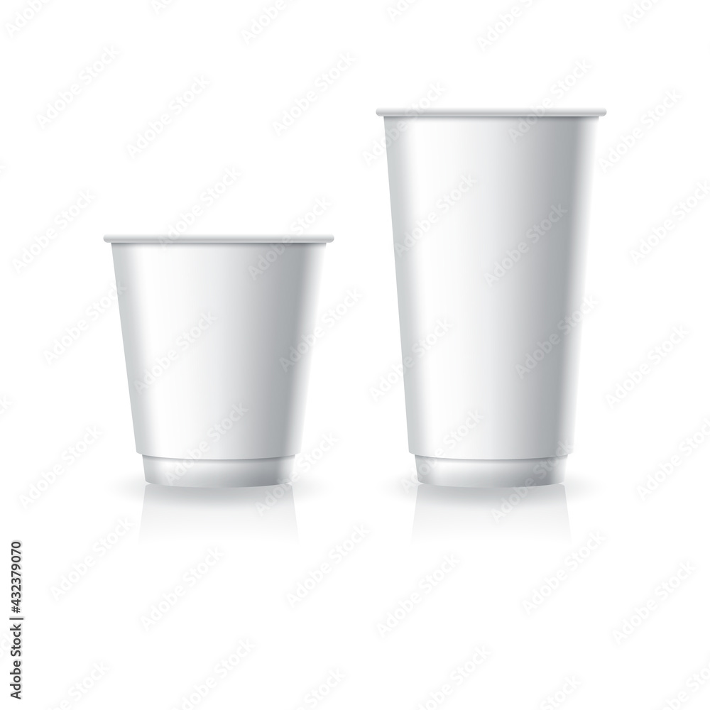 Blank white paper-plastic coffee-tea cup in small and large size mockup template. Blank white paper-plastic coffee-tea cup in small and large size mockup template.