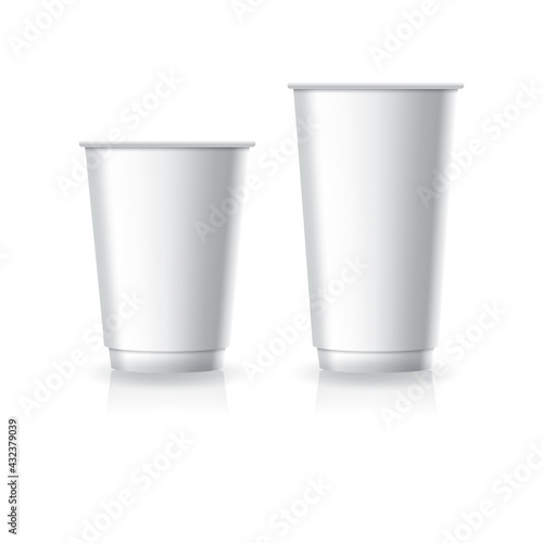 Blank white paper-plastic coffee-tea cup in medium and large size mockup template.