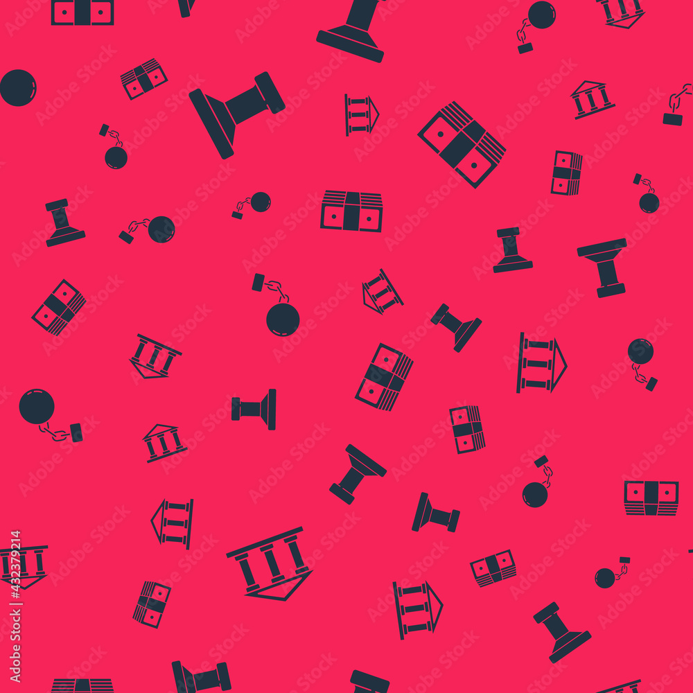 Set Courthouse building, Stamp, Ball on chain and Bribe money cash on seamless pattern. Vector Set Courthouse building, Stamp, Ball on chain and Bribe money cash on seamless pattern. Vector