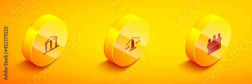 Set Isometric Courthouse building, Scales of justice and Jurors icon. Vector