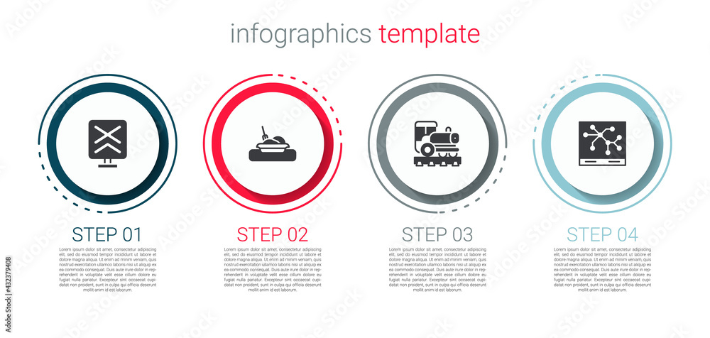 Set Railroad crossing, Plate with food, Vintage locomotive and Railway map. Business infographic template. Vector