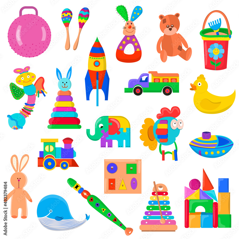 Naklejka premium Kids toys set. Collection of toys for small children. Plastic and wooden toys. Activity and fun games. Vector flat style cartoon illustration isolated on white background.