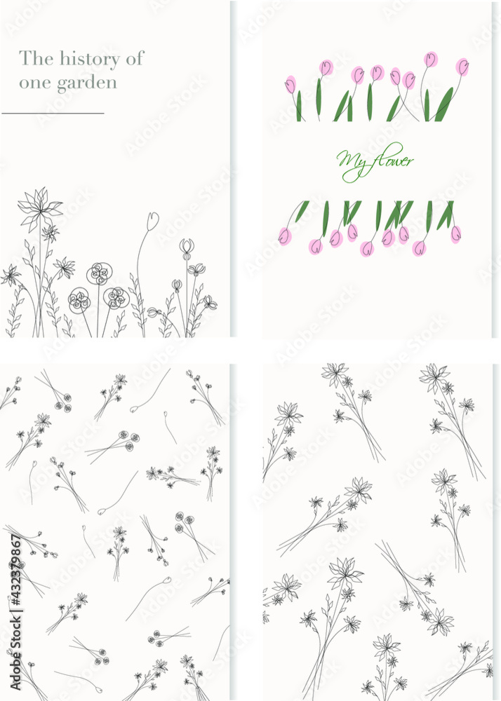 Obraz premium set of 4 cards. herbal theme. primitive lines forms and lines. 