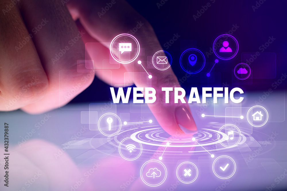 Finger touching tablet with web technology icons concept