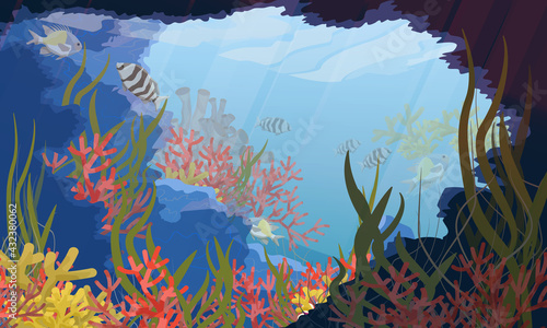 Underwater cave with green algae, corals, tropical fish and other sea creatures. Coral reef. Realistic vector underwater landscape