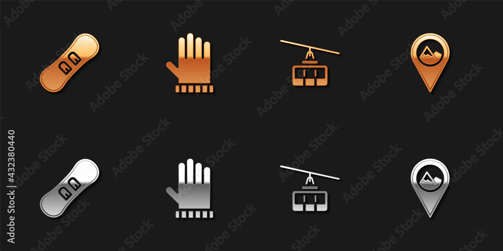 Set Snowboard, Christmas mitten, Cable car and Location with mountain icon. Vector
