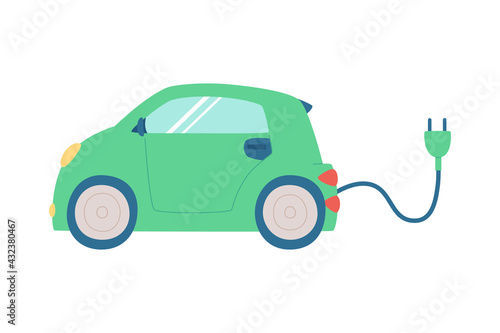 Cute electric car with cable and socket, concept of ecology and clean energy. Hand-drawn vector illustration.