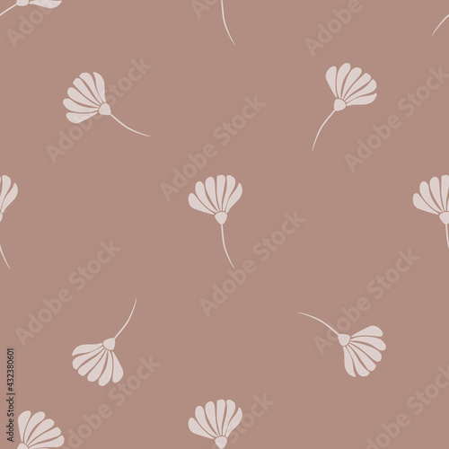 Minimalistic pale tones seamless pattern with little flowers shapes. Beige pastel background.