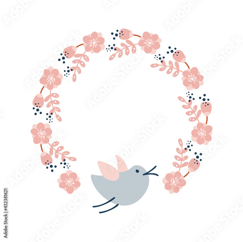 Vector colorful circular floral wreaths with summer flowers and bird central white copy space for your text. Vector hand drawn wreath with flowers. Save the date. Wedding invitation scandinavian