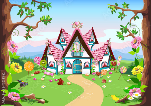 sweet little house with chocolate, waffles and cookies, decorated with sweets, stands in a forest glade. Fairy tale background with gingerbread house in cartoon style vector illustration.