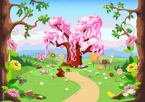 Sweet tree and candy land in a forest glade. Fairy tale tree surrounded by sweets, candies and fruits. Vector illustration of a fairy tale landscape.