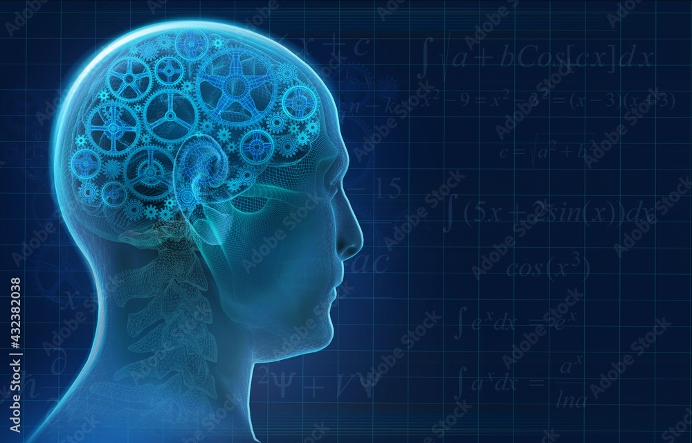 Profile head of a man with visible brain made of gear and cogwheels. Abstract concept image of  the cognitive processes inside human mind. 3D illustration on a dark background with copy space