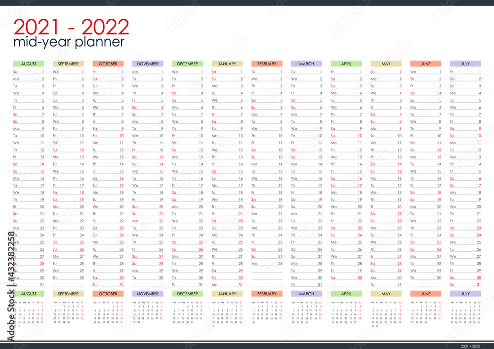 2021 - 2022 mid year wall planner. Academic year. Perfect for home schooling plan, schedule. Organizer, yearly planner template. Vector illustration. Vertical months. One page. Set of 12 months. Stock Vector | Adobe Stock 2021-2022-mid-year-wall-planner-academic-year-perfect-for-home-schooling-plan-schedule-organizer-yearly-planner-template-vector-illustration-vertical-months-one-page-set-of-12-months-stock-vector-adobe-stock