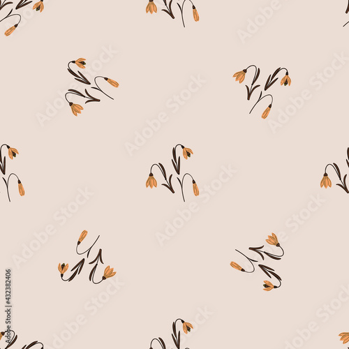 Minimalistic style seamless pattern with orange campanula flowers shapes. Light grey background. Doodle print.