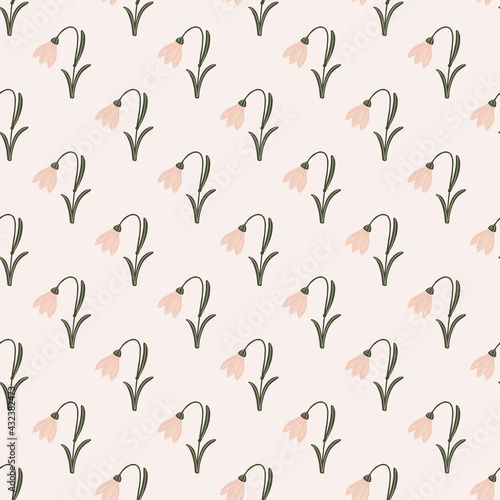 Blossom nature seamless pattern with pink colored bell flowers ornament. Light grey background.