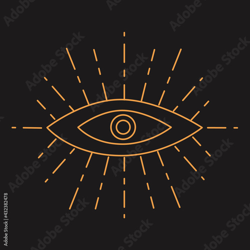 Vector line illustration gold eye. Talisman ornamental hamsa, symbol eye protection.
