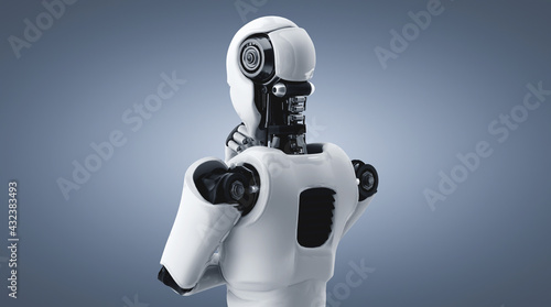 Thinking AI humanoid robot analyzing information data in concept of artificial intelligence by machine learning process for 4th fourth industrial revolution . 3D illustration. photo