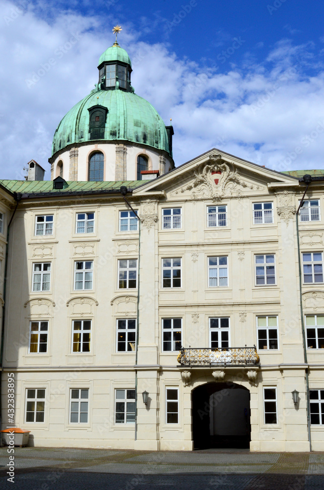The Imperial Palace or Hofburg in Innsbruck, Austria. The courtyard, entrance, facade and copper cupola. 