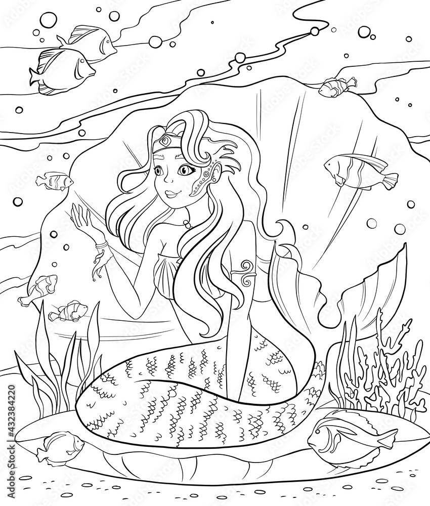 Coloring Page With Mermaid Line Art Design For Adults Or Children Coloring In Doodle Style Stock イラスト Adobe Stock