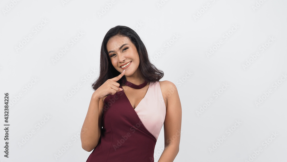 Sexy business woman red dress posing in studio white background. Sexy Asian black hair girl with full lips gesturing to camera. Attractive business female with big breast. posing in studio shooting. Sexy business woman red dress posing in studio white background. Sexy Asian black hair girl with full lips gesturing to camera. Attractive business female with big breast. posing in studio shooting.