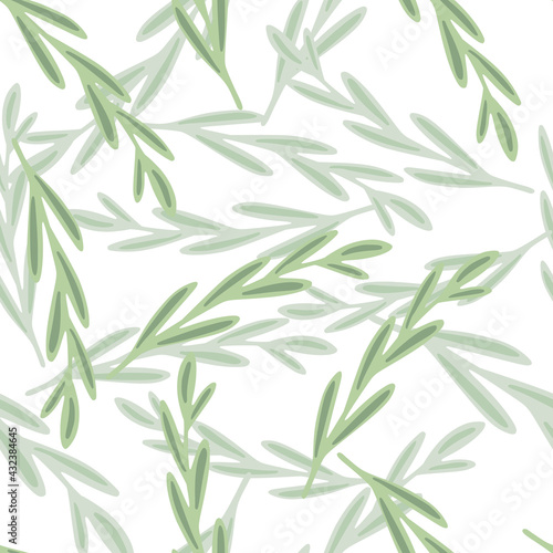 Isolated natural seamless pattern with leaf branches shapes in green colors. Simple botanic doodle backdrop.