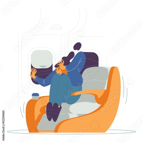 Aerofobia concept illustration. Woman scared to death during flight on aircraft. Fear of turbulence. Mental health problems character
