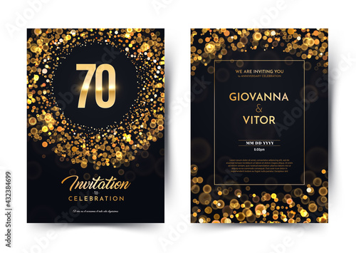 70th years birthday vector black paper luxury invitation double card. Seventy years wedding anniversary celebration brochure. Template of invitational for print dark background with bokeh lights photo