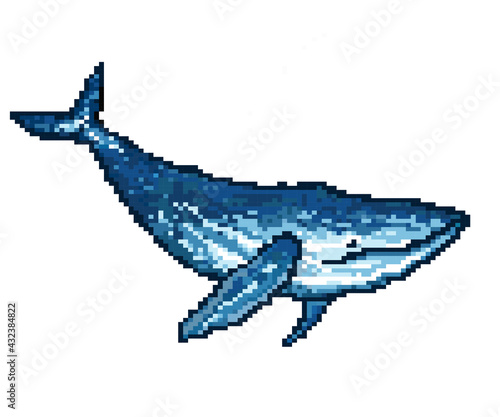 8-bit blue whale in pixel art. Vector illustration