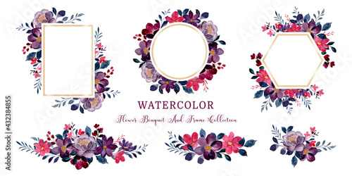 Watercolor burgundy flower frame and bouquet collection