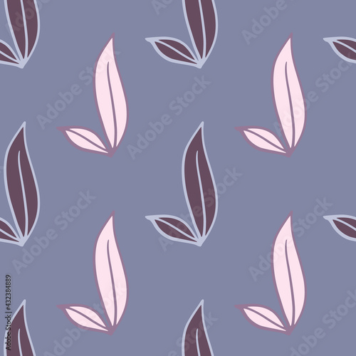 Decorative minimalistic style nature seamless pattern with contoured outline foliage leaves. Blue background.