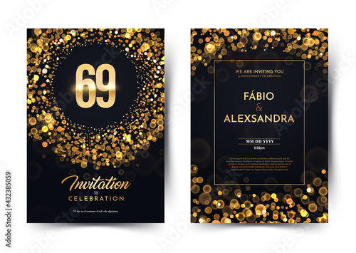 69th years birthday vector black paper luxury invitation double card. Sixty nine years wedding anniversary celebration brochure. Template of invitational for print dark background with bokeh lights photo