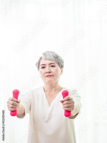 Healthy Lifestyle. Smiling Senior asian Lady Exercising With Dumbbells At Home