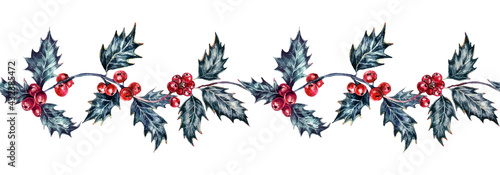 Watercolor Holly Berries Christmas Plant Isolated on White