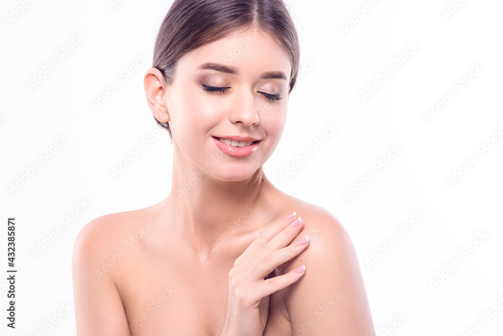 Beautiful girl with closed eyes and perfect skin, with a beautiful smile and clean white teeth.Face care. Cosmetology, beauty and spa. Concept health and beauty.Copy space Beautiful girl with closed eyes and perfect skin, with a beautiful smile and clean white teeth.Face care. Cosmetology, beauty and spa. Concept health and beauty.Copy space