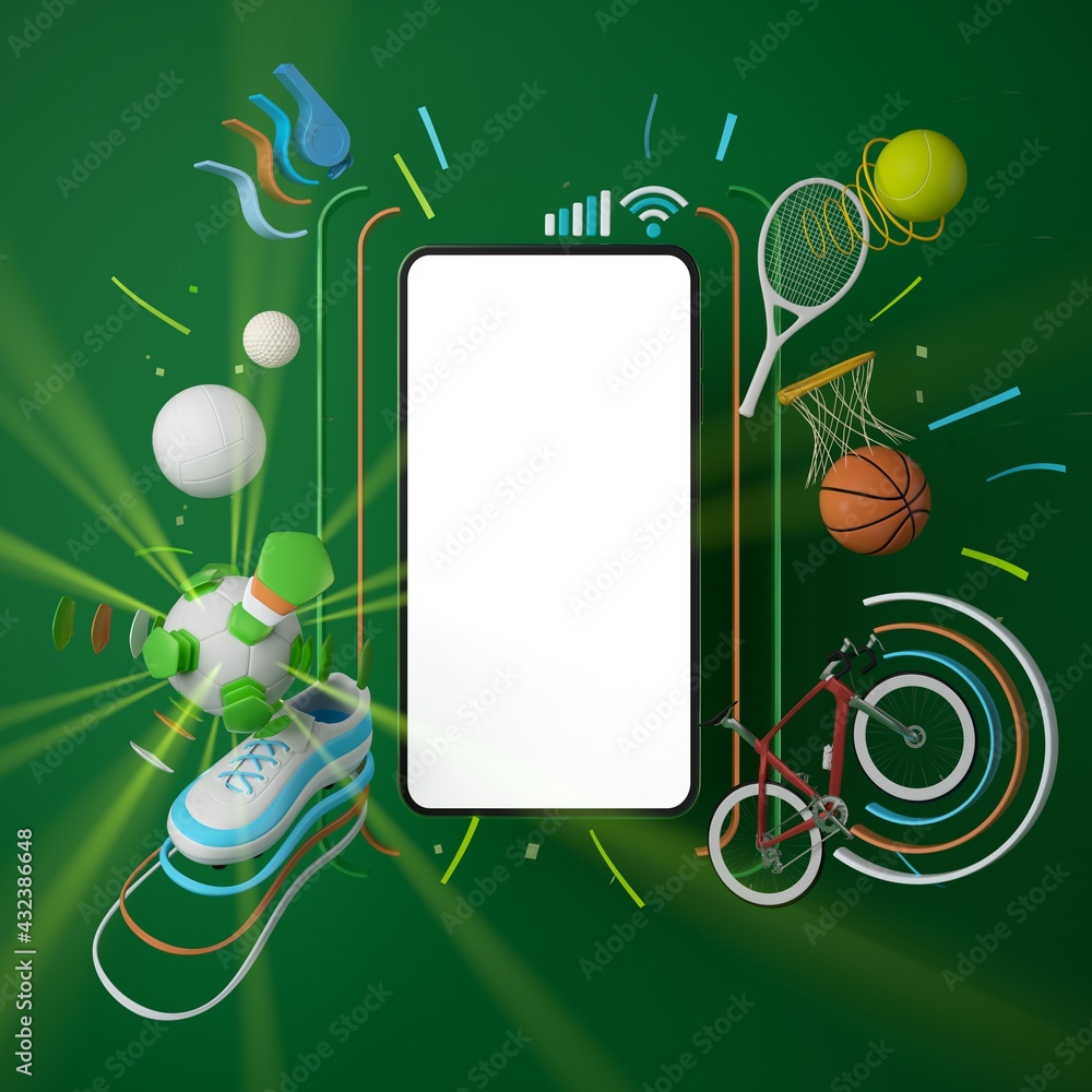 sport live online from a smartphone. sport competition program. game application. white screen mobile. sport online game. golf football volleyball tennis object. background copy space. 3d rendering. - obrazy, fototapety, plakaty 