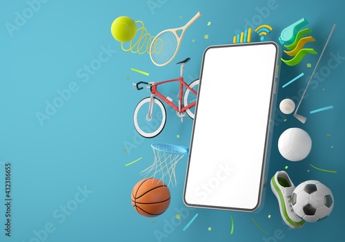 Fototapeta Naklejka Na Ścianę i Meble -  sport live online from a smartphone. sport competition program. game application. white screen mobile. sport online game. golf football volleyball tennis object. background copy space. 3d rendering.
