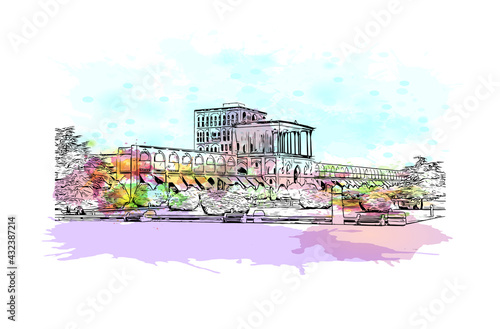 Building view with landmark of Isfahan is a city in central Iran. Watercolor splash with hand drawn sketch illustration in vector.