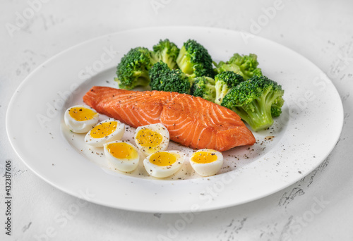 Cooked salmon with broccoli and eggs
