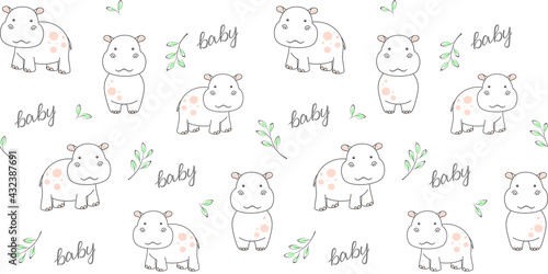 Cute little hippo, baby lettering and twigs with leaves on a white. Endless texture with behemoth. Vector seamless pattern for kids wallpaper, cover, wrapping paper, packaging, surface texture, print