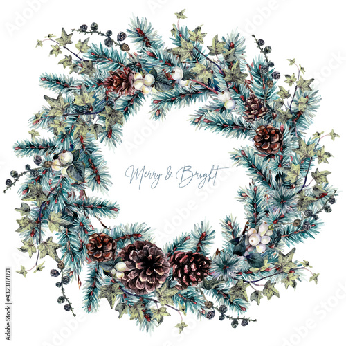 Watercolor Christmas Rustic Wreath Isolated on White.
