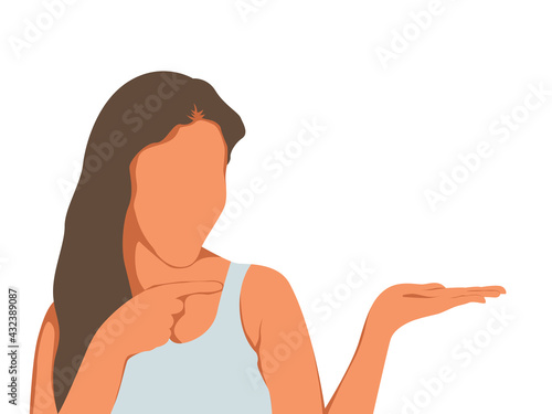 Young Girl hand introduces something, Flat character vector art.