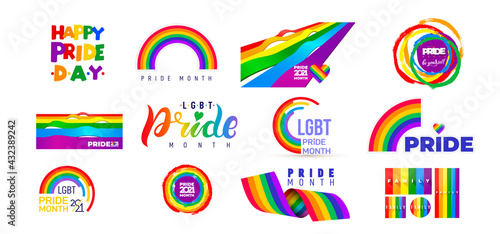Set of LGBT Pride Month 2021. Celebrated annual. LGBT flag brush stroke. Pride day line abstract logo. Human rights and tolerance. Vector illustration isolated on white background.