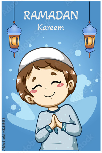 Happy muslim boy greeting ramadan kareem cartoon illustration