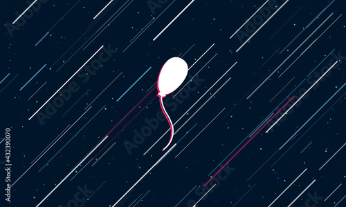 Large white balloon symbol framed in red in the center. The effect of flying through the stars. Vector illustration on a dark blue background with stars and slanted lines