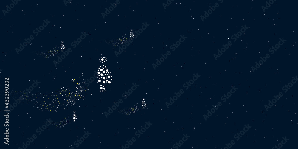A pregnant woman symbol filled with dots flies through the stars leaving a trail behind. There are four small symbols around. Vector illustration on dark blue background with stars A pregnant woman symbol filled with dots flies through the stars leaving a trail behind. There are four small symbols around. Vector illustration on dark blue background with stars