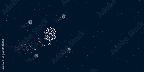 A tree symbol filled with dots flies through the stars leaving a trail behind. Four small symbols around. Empty space for text on the right. Vector illustration on dark blue background with stars