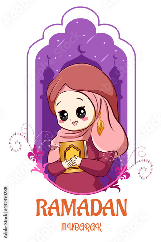 Cute muslim girl with koran at ramadan kareem cartoon illustration